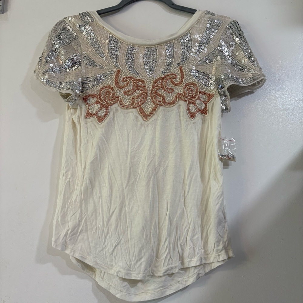 Free People Beaded Top Blouse Open Back Cap Sleeve Boho Y2K Sequin Glam XS Pink